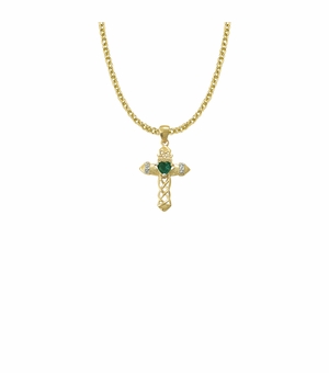 1-1/16 Inch 14KT Gold Plated Over Sterling Silver Claddagh with Green CZ Stone Center Cross Necklace