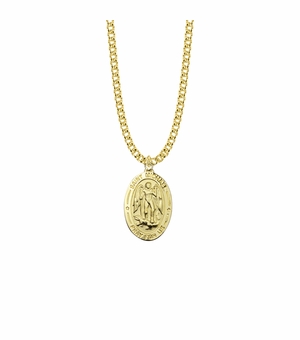 1-1/16 Inch 14KT Gold Plated Over Sterling Silver Oval St. Michael Medal, Patron Saint of Police Officers