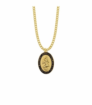 1-1/16 Inch 14KT Gold Plated Over Sterling Silver Oval with Black Enameled Border St. Christopher Medal, Patron Saint of Travelers