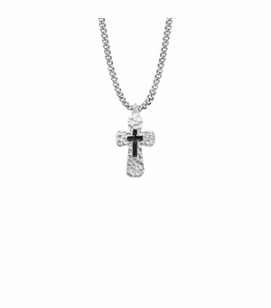 1 1/16 Inch Pewter and Enameled Hammered Looking Cross Necklace