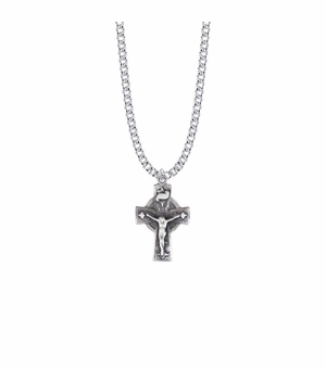 1-1/16 Inch Pewter Diamond Ends Celtic Crucifix Necklace