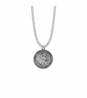 1-1/16 Inch Pewter Large Round Saint Christopher Medal, Patron Saint of Travelers