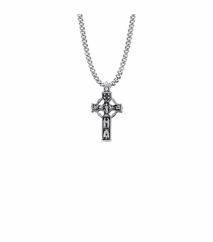 1-1/16 Inch Pewter Pierced Celtic Figures Cross Necklace