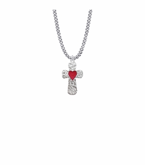 1-1/16 Inch Pewter Round and Hammer Looking Heart Cross Necklace