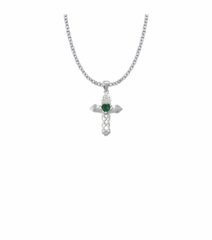 1-1/16 Inch Sterling Silver Claddagh with Green CZ Stone Center Cross Necklace