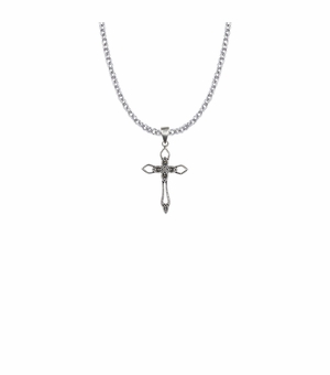 1-1/16 Inch Sterling Silver Open and Pointed Ends Cross Necklace with Marcasite Stones