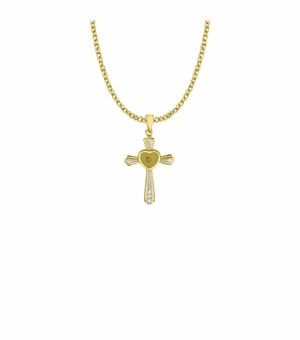 1-1/16 Inch Two-Tone 14KT Gold Plated Over Sterling Silver Centered Mustard Seed Heart and Cross Necklace