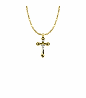 1-1/16 Inch Two-Tone 18KT Gold Plated Over Sterling Silver Antique Style Crucifix Necklace