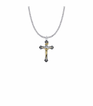 1-1/16 Inch Two-Tone Sterling Silver Antique Style Crucifix Necklace