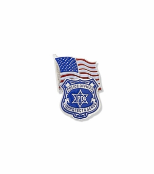 1-1/16 x 3/4 Inch Silver Enameled Police Officer Badge and American Flag Lapel Pin