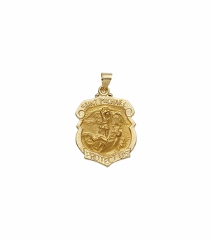 1-1/18 Inch 14KT Gold Hollow Shield St. Michael Medal, Patron Saint Of Police Officers