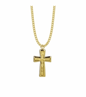 1-1/2 Inch 14KT Gold Plated Over Sterling Silver Polished Edges Crucifix Necklace
