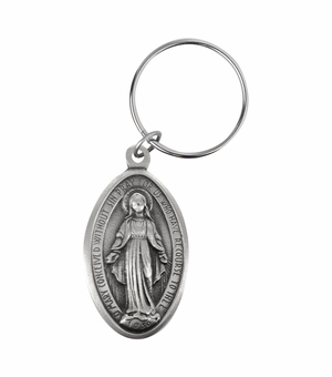 1-1/2 Inch Oval Antique Fine Pewter Miraculous Key Chain