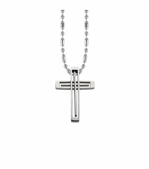 1-1/2 Inch Stainless Steel Pierced Line Cross Necklace