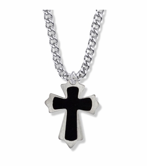 1-1/2 Inch Steel Budded Ends with Black Enameled Inner Cross on Cross Necklace