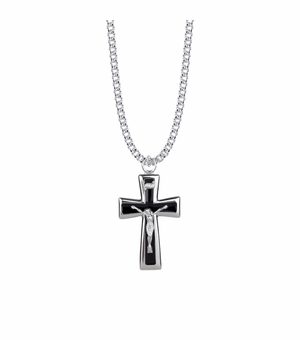 1-1/2 Inch Sterling Silver Black Enameled Crucifix Necklace