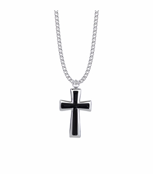 1-1/2 Inch Sterling Silver Black Enameled Flared Ends Cross Necklace