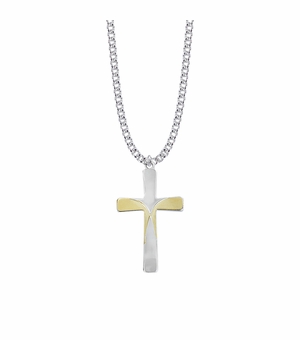1-1/2 Inch Sterling Silver Two-Tone Engraved Cross Necklace