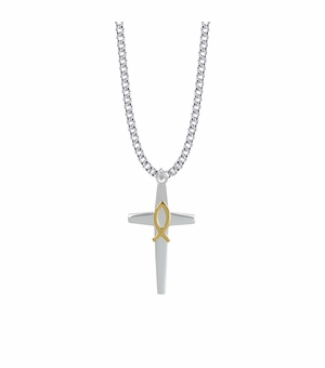 1-1/2 Inch Two-Tone Sterling Silver Tapered Design with Fish Cross Necklace