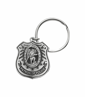 1-1/2 x 1-1/4 Inch Fine Pewter St. Michael, Patron Saint of Police Shield Key Chain