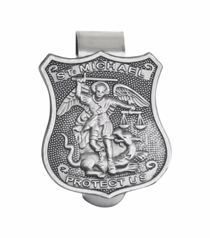 1-1/2 x 1-1/8 Inch Fine Pewter St. Michael, Patron Saint of Police Visor Clip
