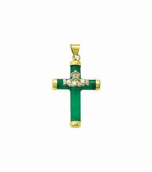 1-1/4 Inch 14KT Gold Genuine Jade with Claddagh Center Cross Pendant