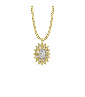 1-1/4 Inch 18KT Gold Plated Over Sterling Silver Two-Tone Bright Gold Starburst Filigree Miraculous Medal