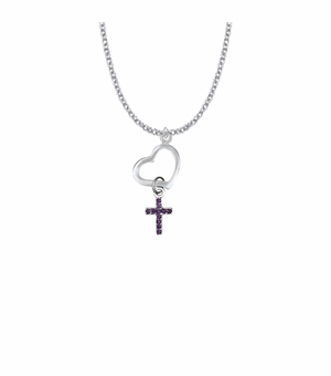 1-1/4 Inch Silver Plated Heart with Amethyst CZ Stone Cross Charm Necklace