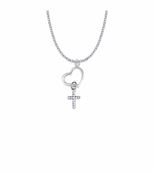 1-1/4 Inch Silver Plated Heart with Crystal CZ Stone Cross Charm Necklace