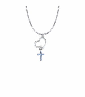 1-1/4 Inch Silver Plated Heart with Sapphire CZ Stone Cross Charm Necklace