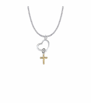1-1/4 Inch Silver Plated Heart with Topaz CZ Stone Cross Charm Necklace