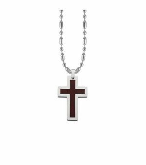 1-1/4 Inch Stainless Steel Brown Wood Cross Necklace