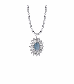 1-1/4 Inch Sterling Silver Bright Silver Blue Enameled Starburst Filigree Miraculous Medal