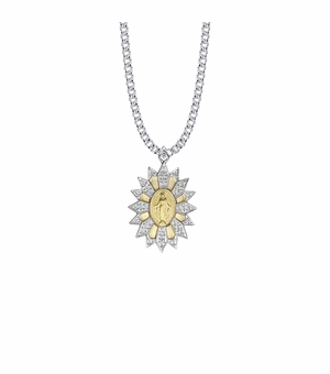 1-1/4 Inch Sterling Silver Bright Silver with 18KT Gold Plated Accents and Center Starburst Filigree Miraculous Medal