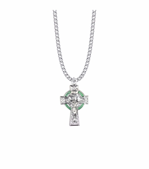 1-1/4 Inch Sterling Silver Celtic Green Halo Crucifix Necklace
