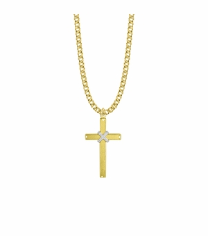 1-1/4 Inch Two-Tone 14KT Gold Plated Over Sterling Silver Rope Cross Necklace