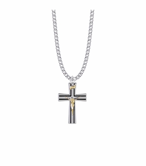 1-1/4 Inch Two-Tone Sterling Silver Lined Black Enameled Crucifix Necklace