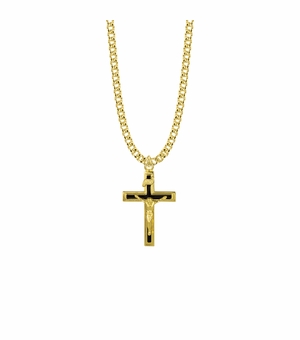 1-1/8 Inch 14KT Gold Plated Over Sterling Silver Black Enamel Crucifix Necklace