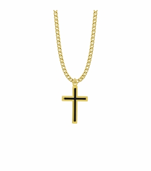 1-1/8 Inch 14KT Gold Plated Over Sterling Silver Black Enameled with Raised Border Cross Necklace