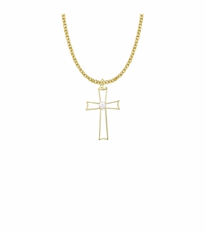 1-1/8 Inch 14KT Gold Plated Over Sterling Silver Pierced Cross Necklace with Centered Cubic Zirconia Stone