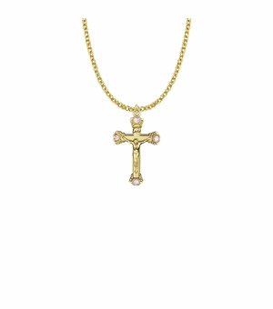 1-1/8 Inch 14KT Gold Plated Over Sterling Silver White Pearl Crucifix Necklace