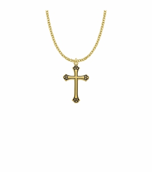1-1/8 Inch 18KT Gold Plated Over Sterling Silver Antiqued Budded Ends Cross Necklace