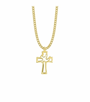 1-1/8 Inch 18KT Gold Plated Over Sterling Silver Pierced Outline Dove and Cross Necklace