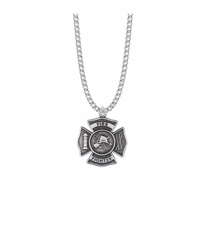 1-1/8 Inch Pewter Firefighter Shield Medal with Cross and Philippians 3:14 on the Back