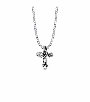 1-1/8 Inch Pewter Ribbon Cross Necklace