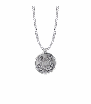 1-1/8 Inch Round Sterling Silver U.S. Coast Guard Medal with Cross and Philippians 4:13 on the Back