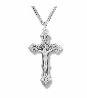 1-1/8 Inch Sterling Silver Antiqued Scroll Ends Crucifix Necklace