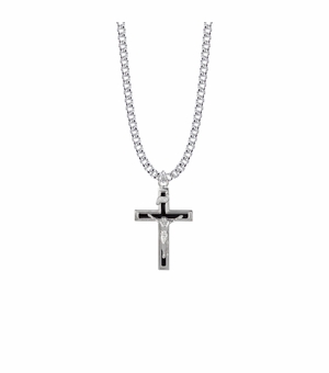 1-1/8 Inch Sterling Silver Black Enamel Crucifix Necklace