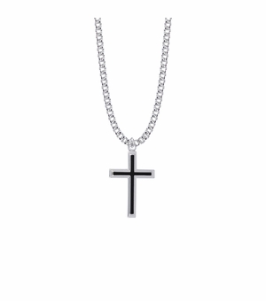 1-1/8 Inch Sterling Silver Black Enameled with Raised Border Cross Necklace