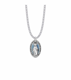 1-1/8 Inch Sterling Silver Blue Enameled Oval Miraculous Medal